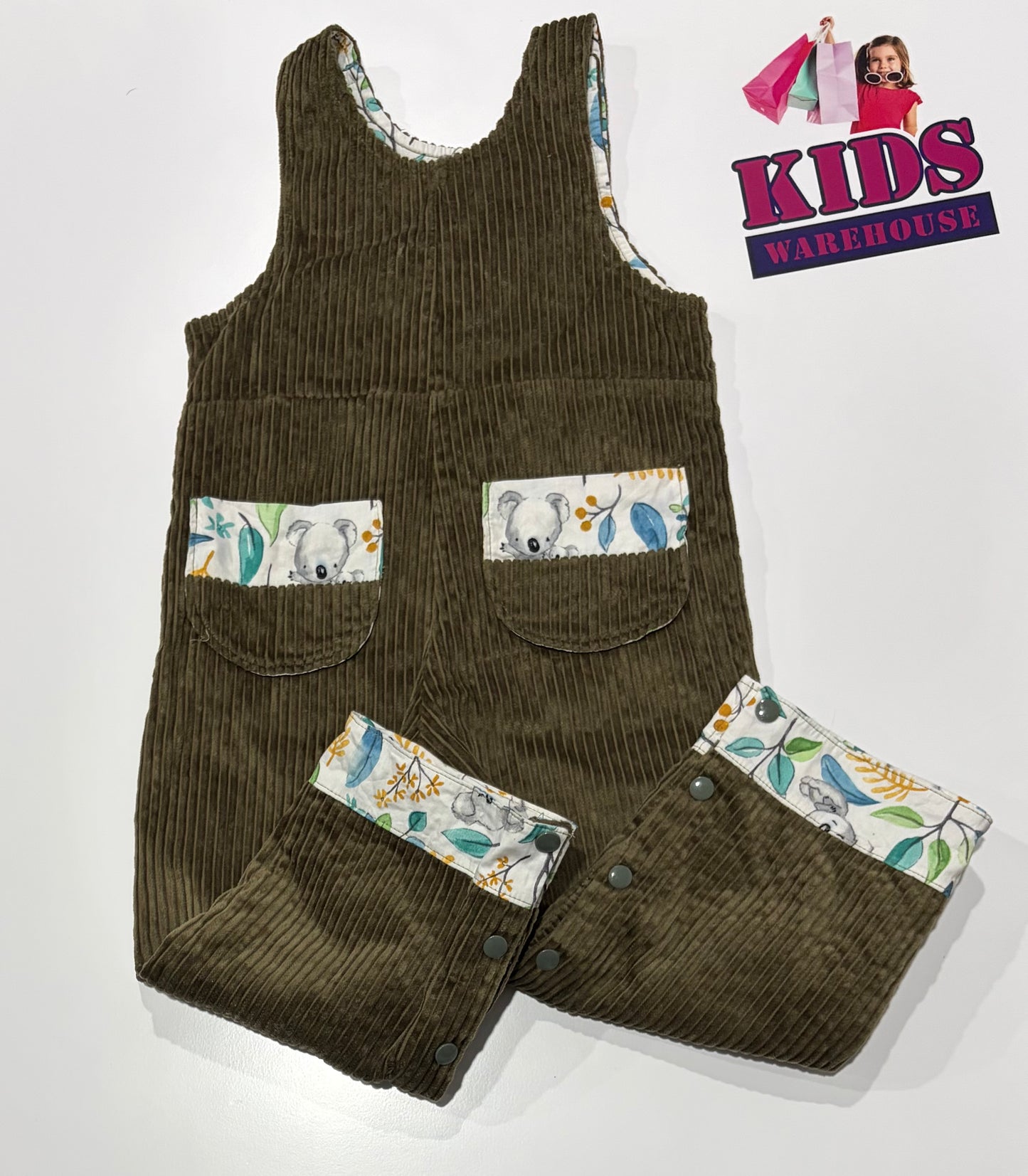 Stitched By Chris Brown Corduroy, Koala Print Lined Overalls Size 3