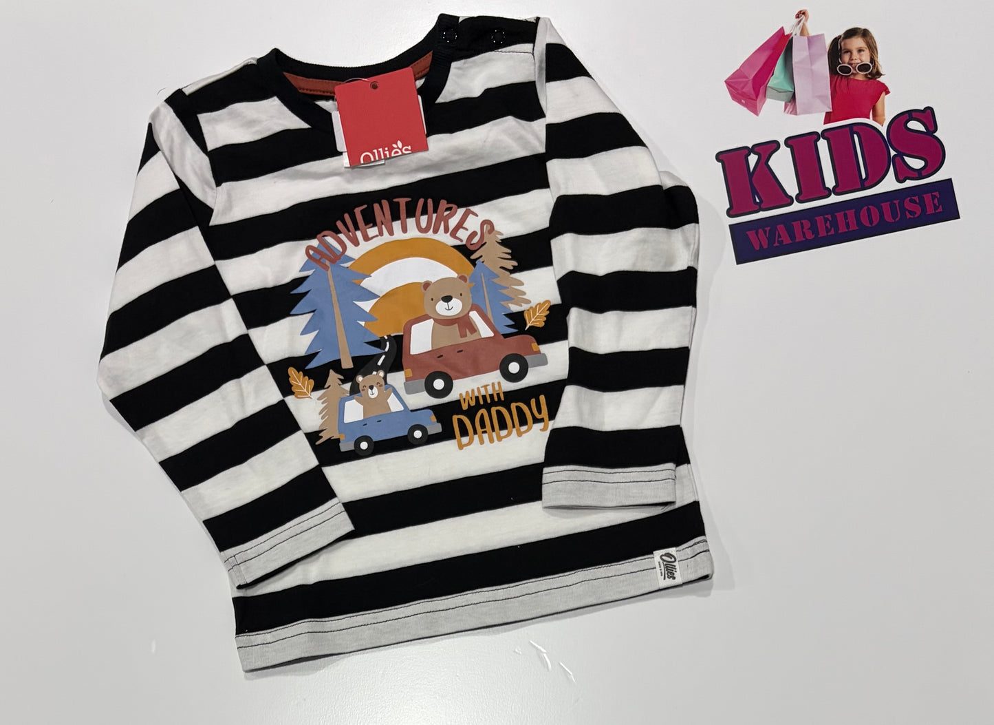 Not Used Ollie's Place White, Black Stripe, Adventures With Daddy Print Top Size 2