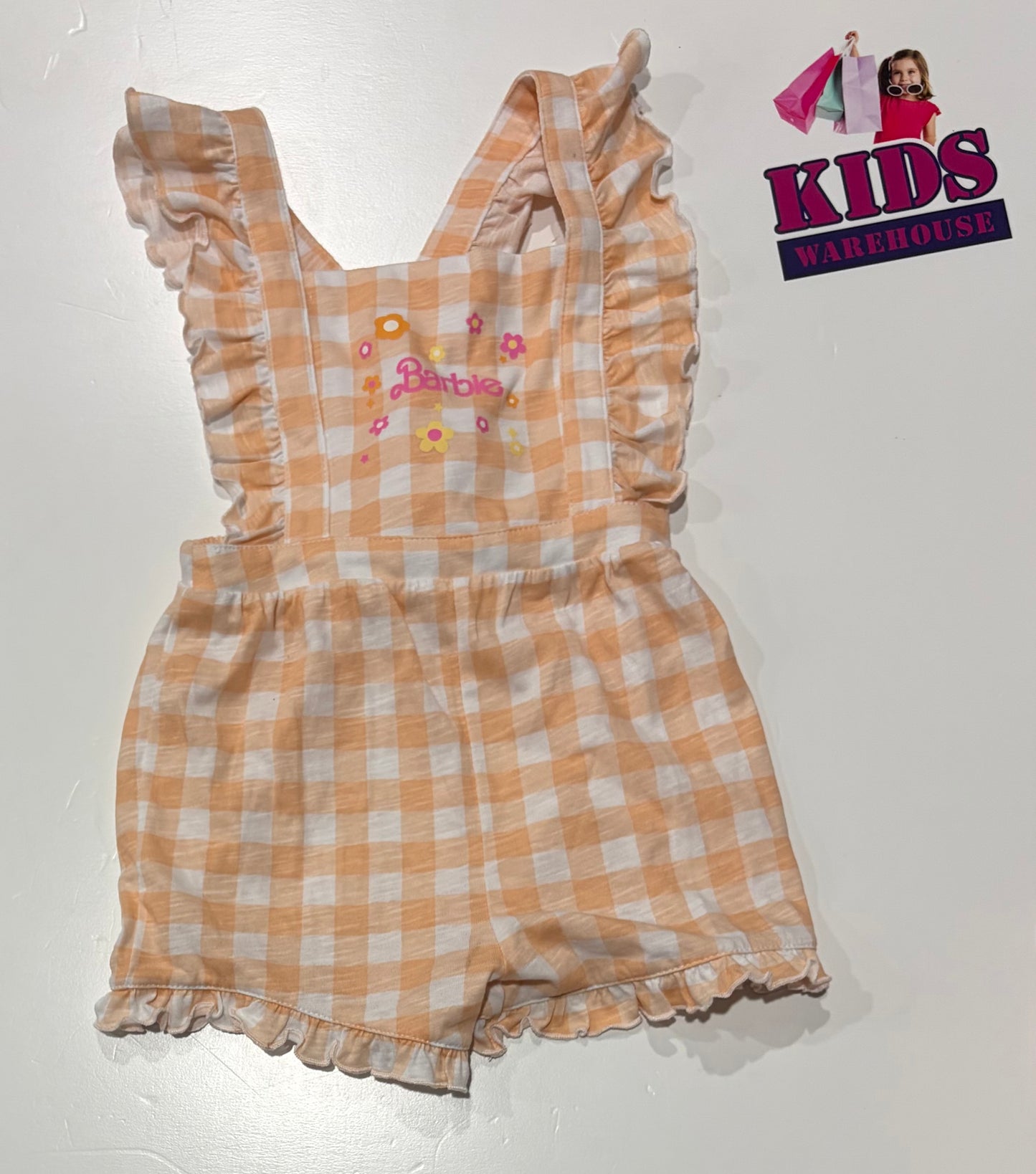 Not Used Barbie White, Peach Check Print Playsuit Size 2