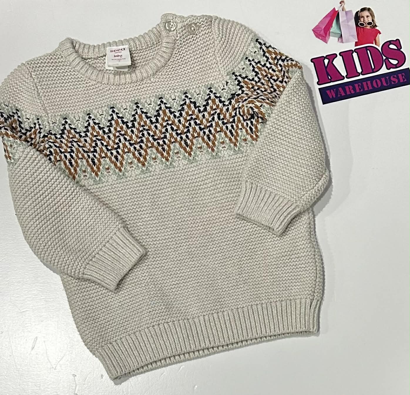 Seed Heritage White Knit Jumper With Brown & Blue Zig Zag Pattern Size 2