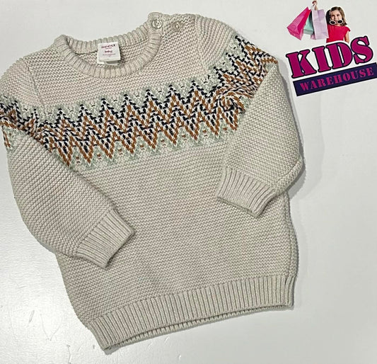 Seed Heritage White Knit Jumper With Brown & Blue Zig Zag Pattern Size 2