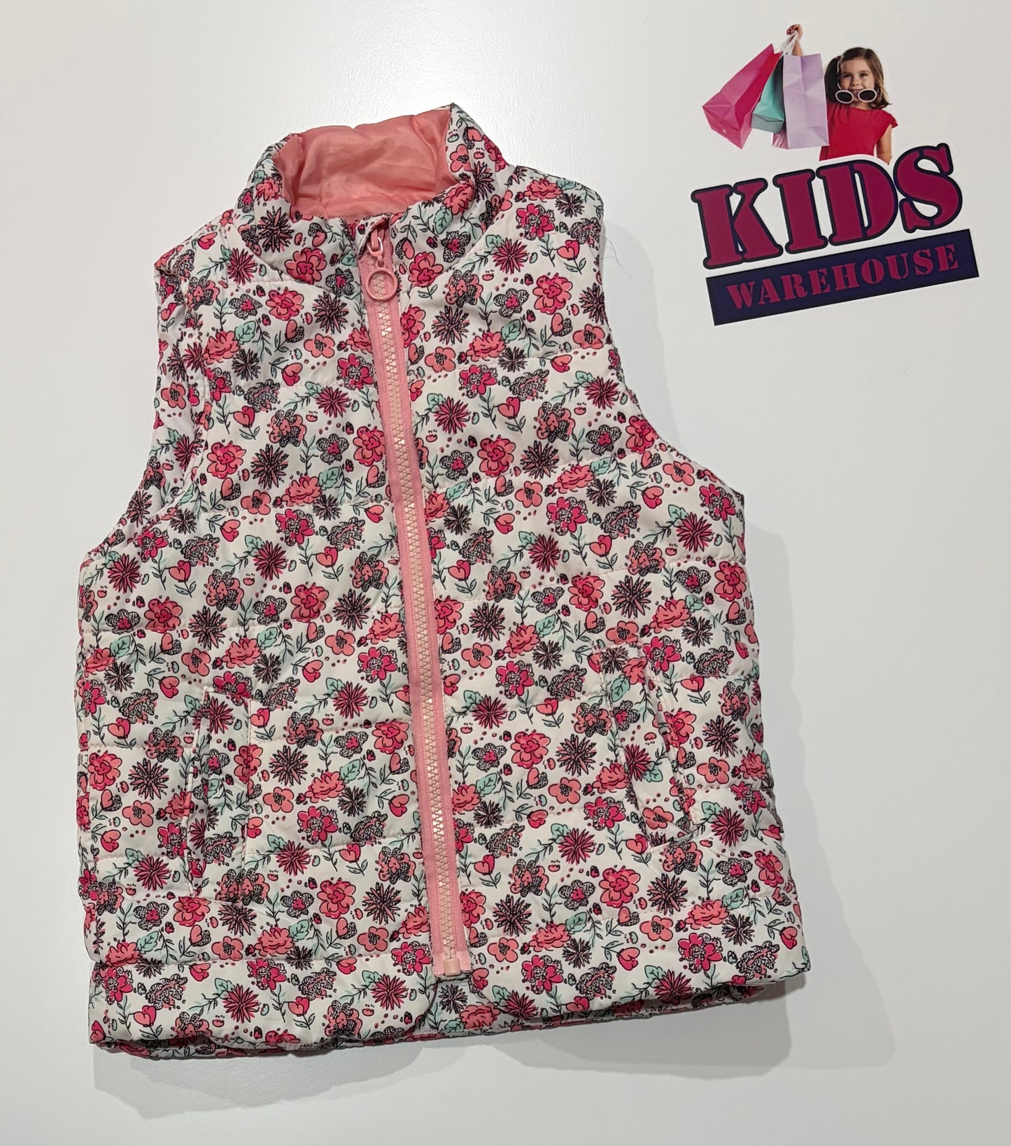 Lily & Dan White, Pink Floral Print Puffer Vest Size 3