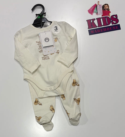 Not Used Disney Baby White, Winnie The Pooh Print 3 Piece Set Size 000