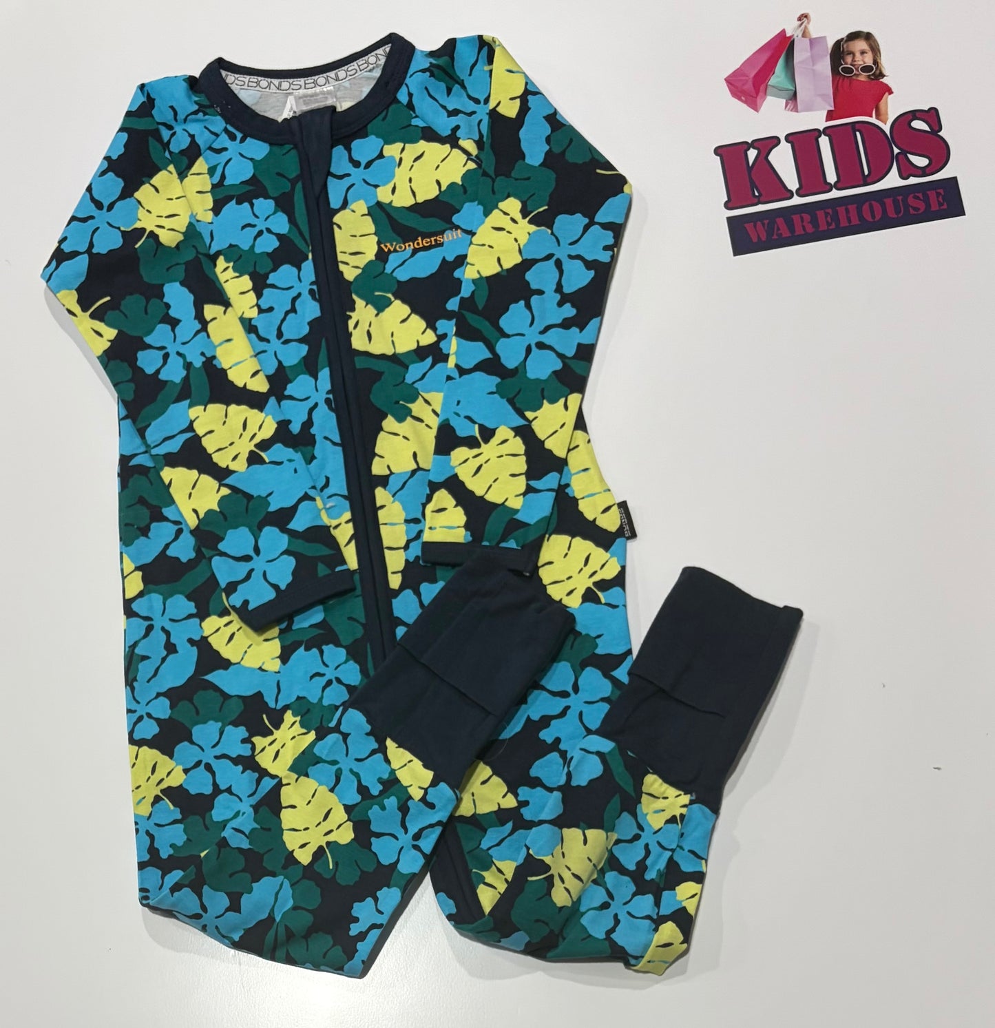 Bonds Wondersuit Black, Blue, Yellow Leaf Print Jumpsuit Size 2