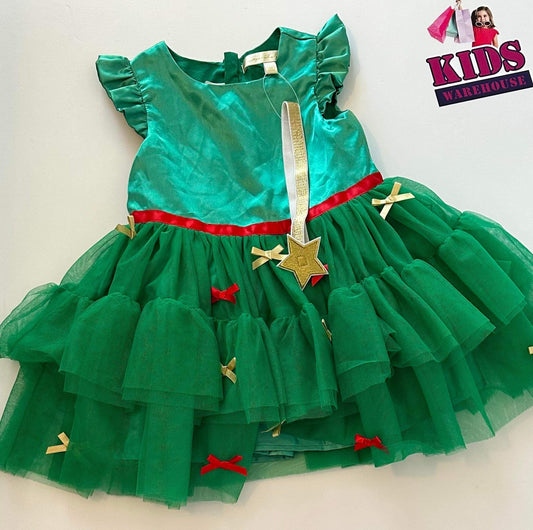 Green, Red & Gold Tutu Dress with Gold Star Headband Size 1