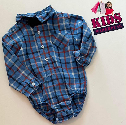 Blue, Red & White Bowtie Plaid Shirt Onesie Size 00