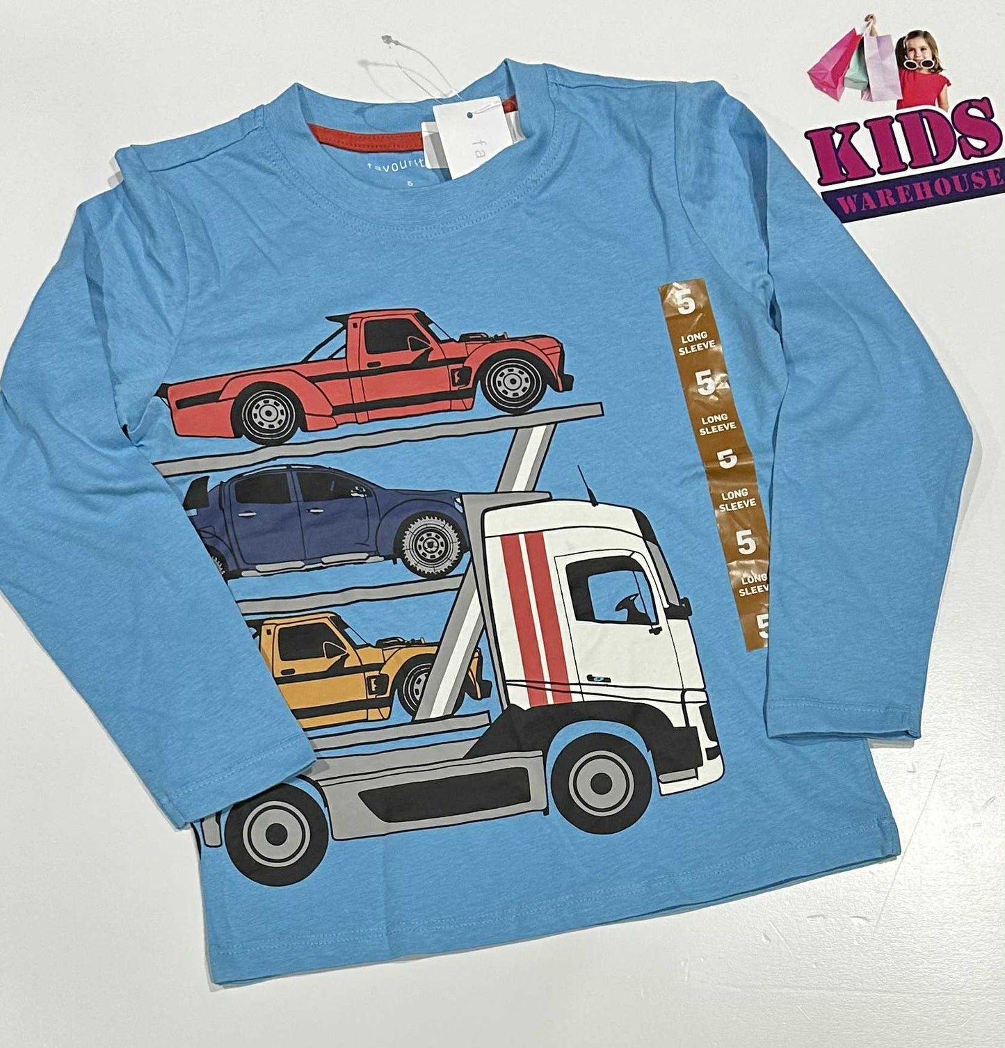 New Favourite Blue Long Sleeve Top With Truck & Car Print Size 5