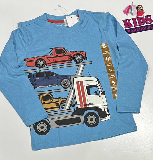 New Favourite Blue Long Sleeve Top With Truck & Car Print Size 5
