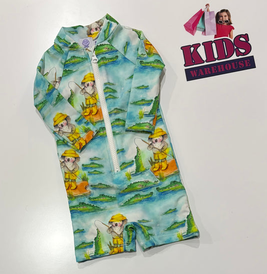 Cheeky Chickadee Koala Fishing Print Swim Rashie Jumpsuit Size 00