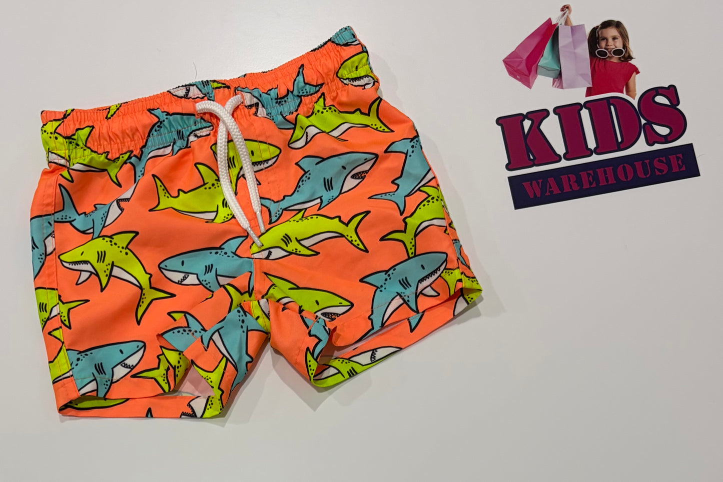 Not Used Orange, Yellow, Blue Shark Print Swim Shorts Size 1