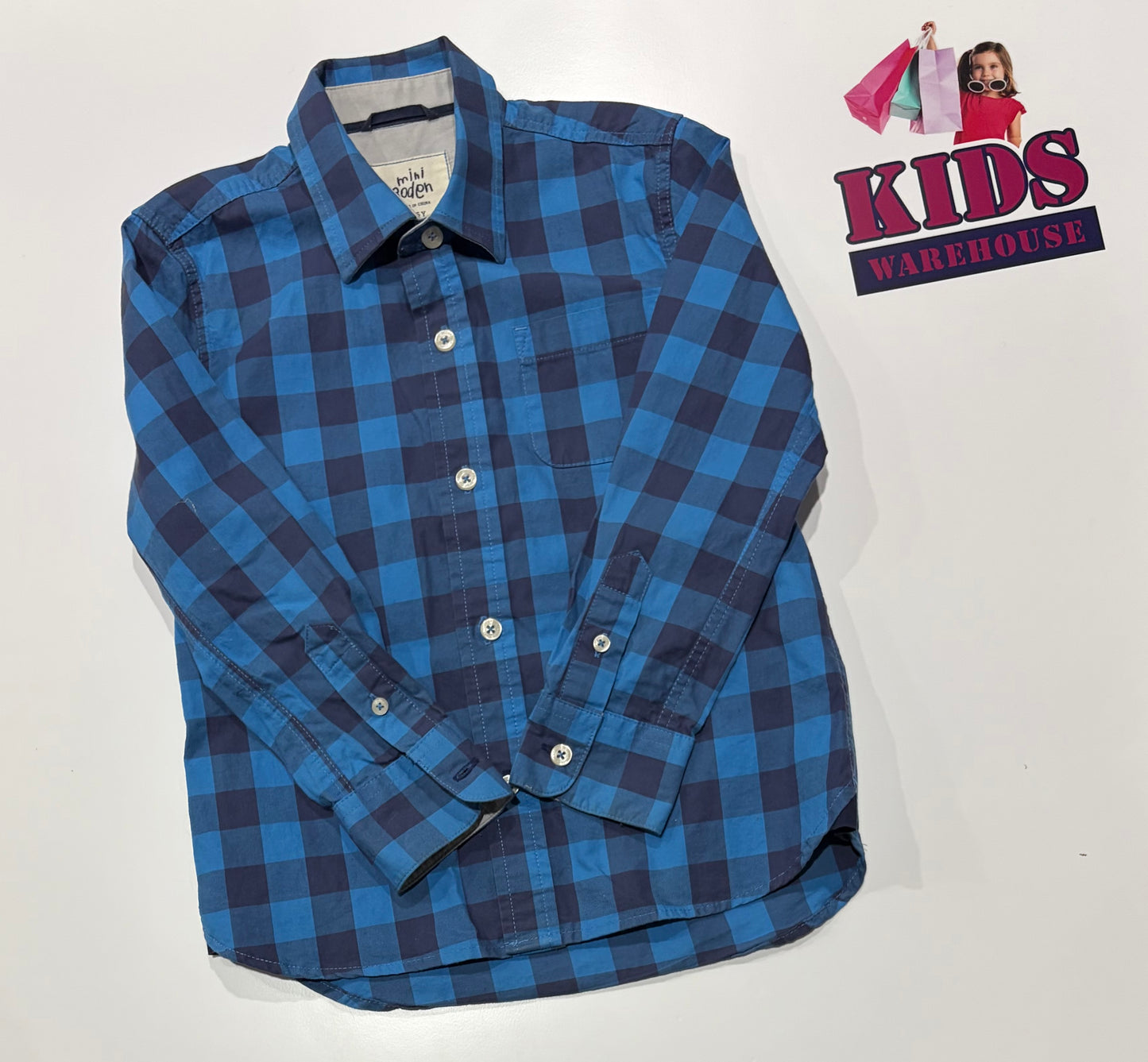 Mini Boden Blue, Navy Check Print Top Size 4