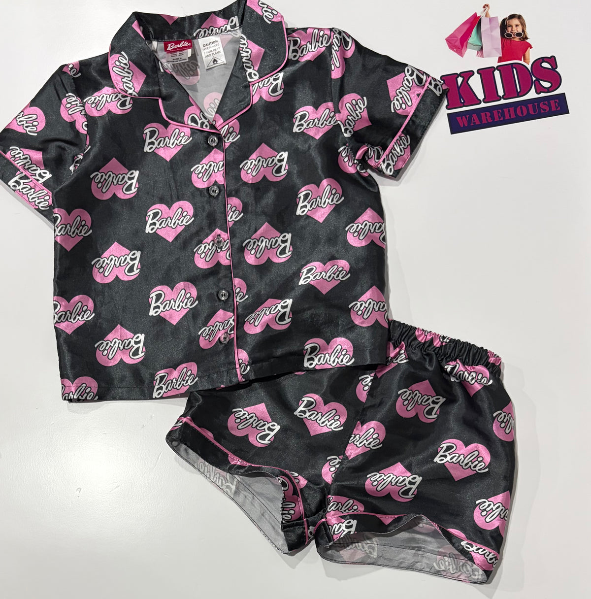 Barbie Black, Logo Print Silk 2 Piece Pyjama Set Size 5