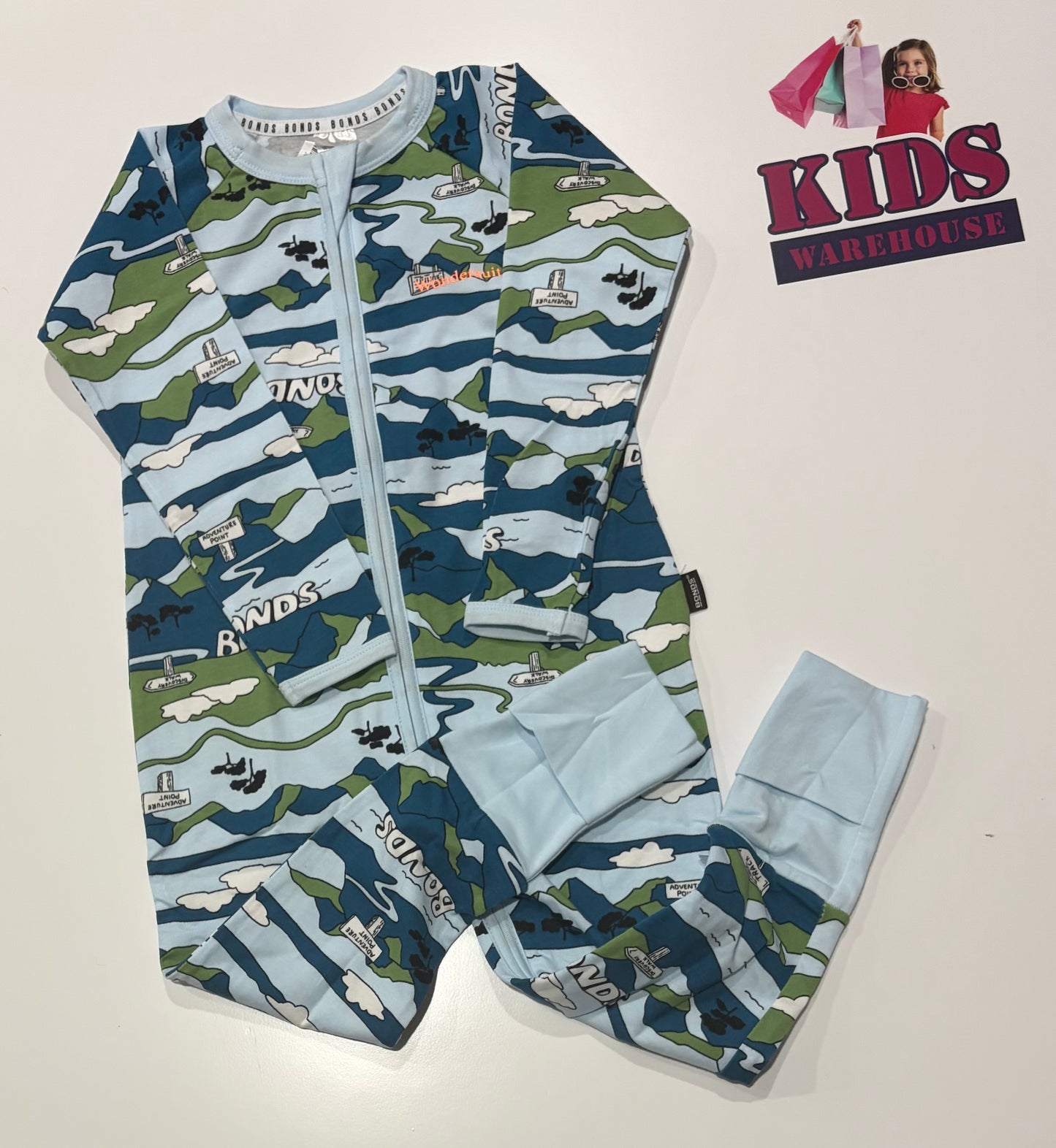 Bonds Wondersuit Blue, Green Adventure Trail Print Jumpsuit Size 2