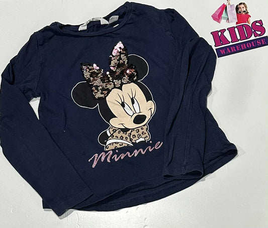 H&M Navy Blue Long Sleeve Top With Sparkly Minnie Mouse Print Size 7