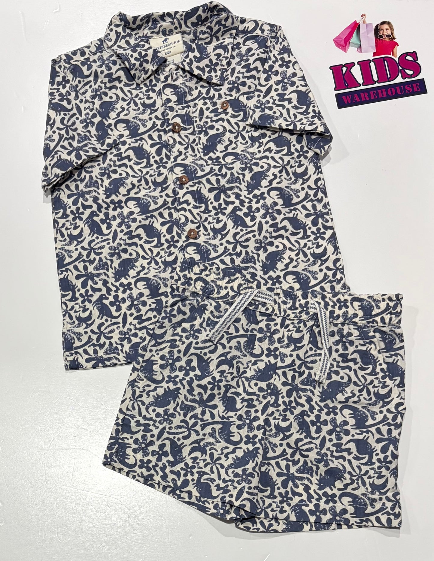 Caribbean Joe White, Blue Dinosaur Print Top & Pants Size 3
