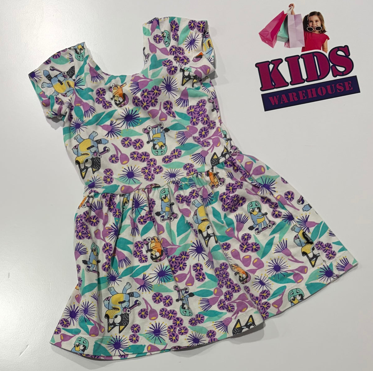 Bonds X Bluey White, Floral, Characters Print Dress Size 2