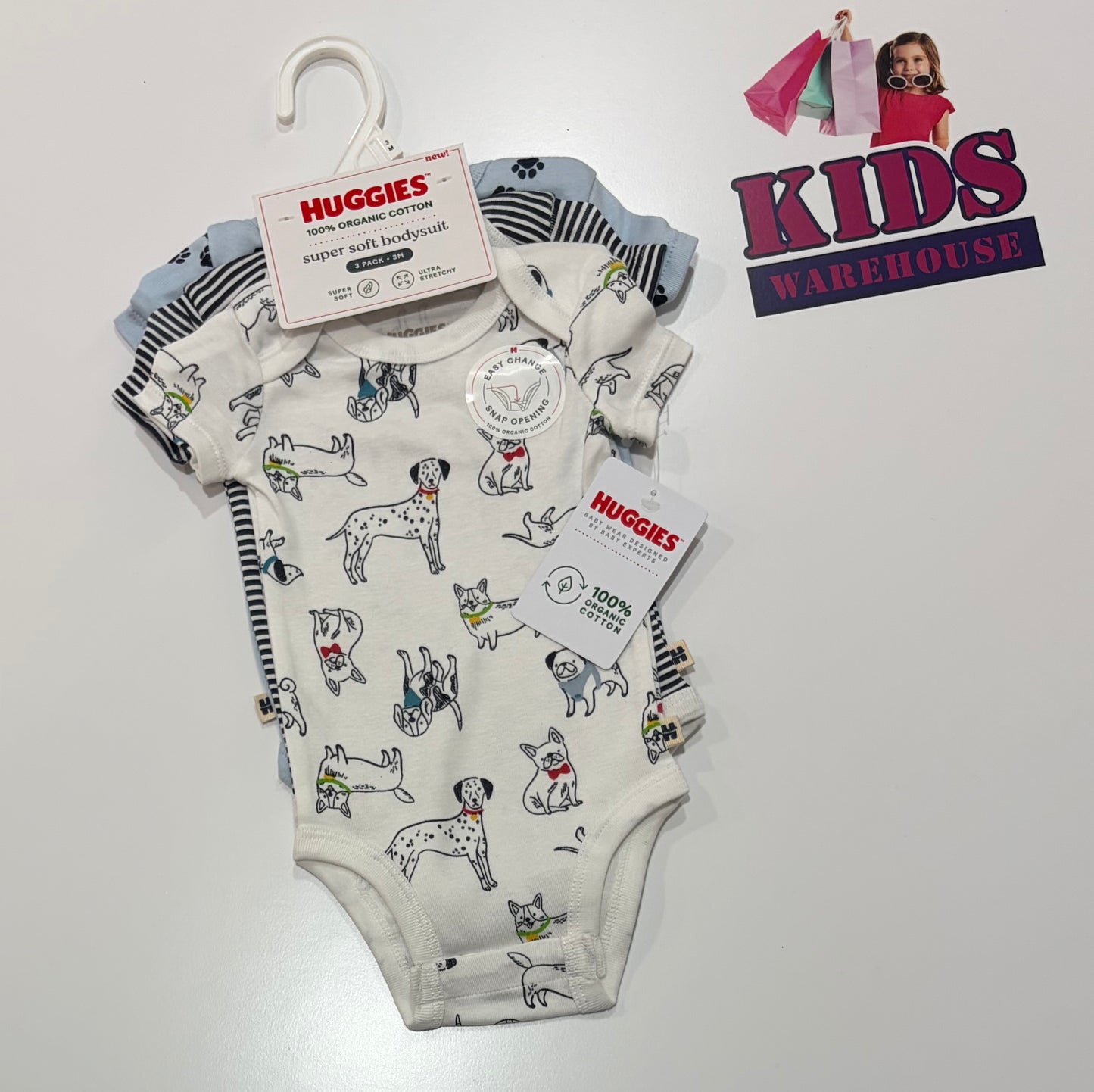 Not Used Huggies White, Dog Print & Blue, Paw Print & Black, White Stripe Print Bodysuit 3 Piece Set Size 000