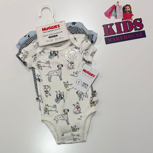 Not Used Huggies White, Dog Print & Blue, Paw Print & Black, White Stripe Print Bodysuit 3 Piece Set Size 000