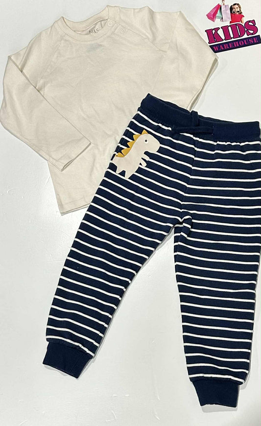 M&S White & Blue 2 Piece PJ Set Size 2