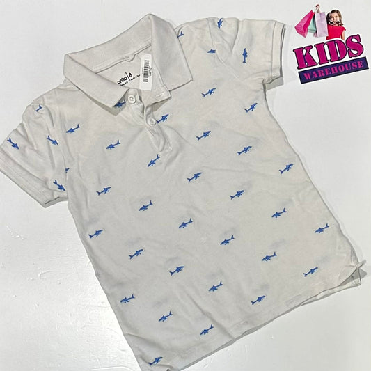 Anko White Polo Top With Blue Shark Pattern Size 8
