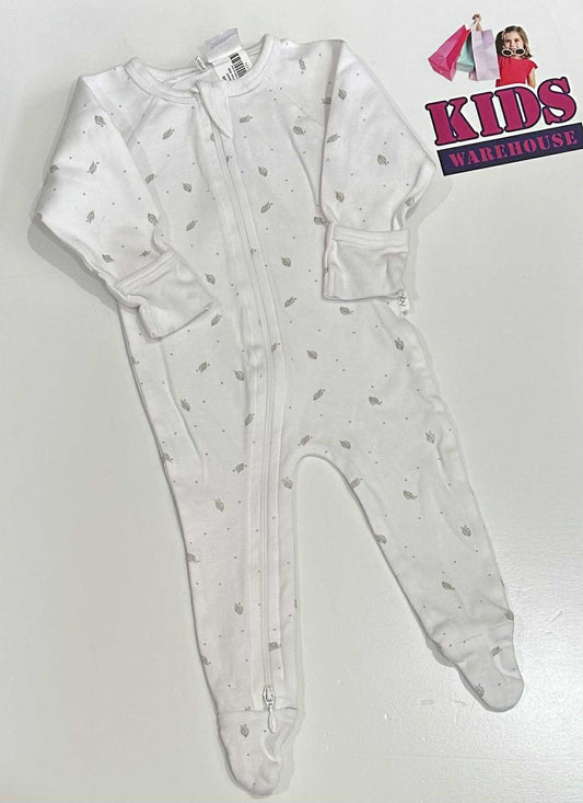 PureBaby White Jumpsuit With Grey Leaf Pattern Size 000