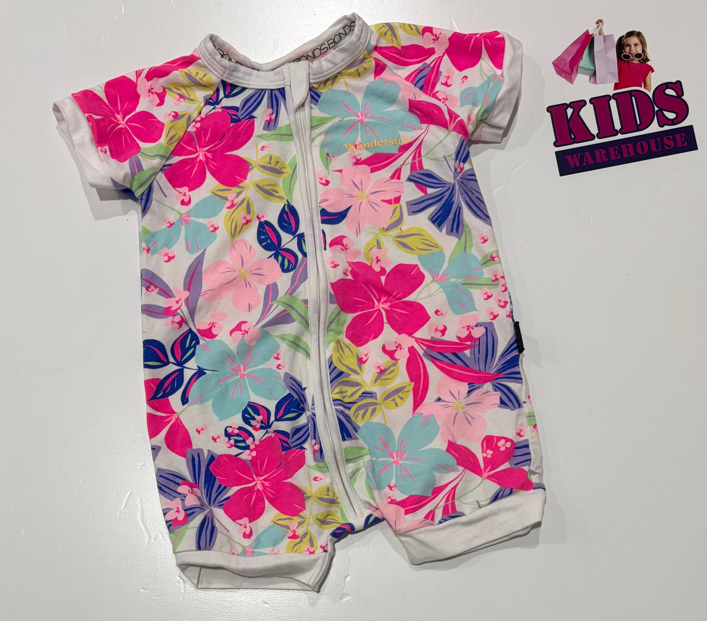 Bonds Wondersuit White Pink, Blue Floral Print Jumpsuit Size 0