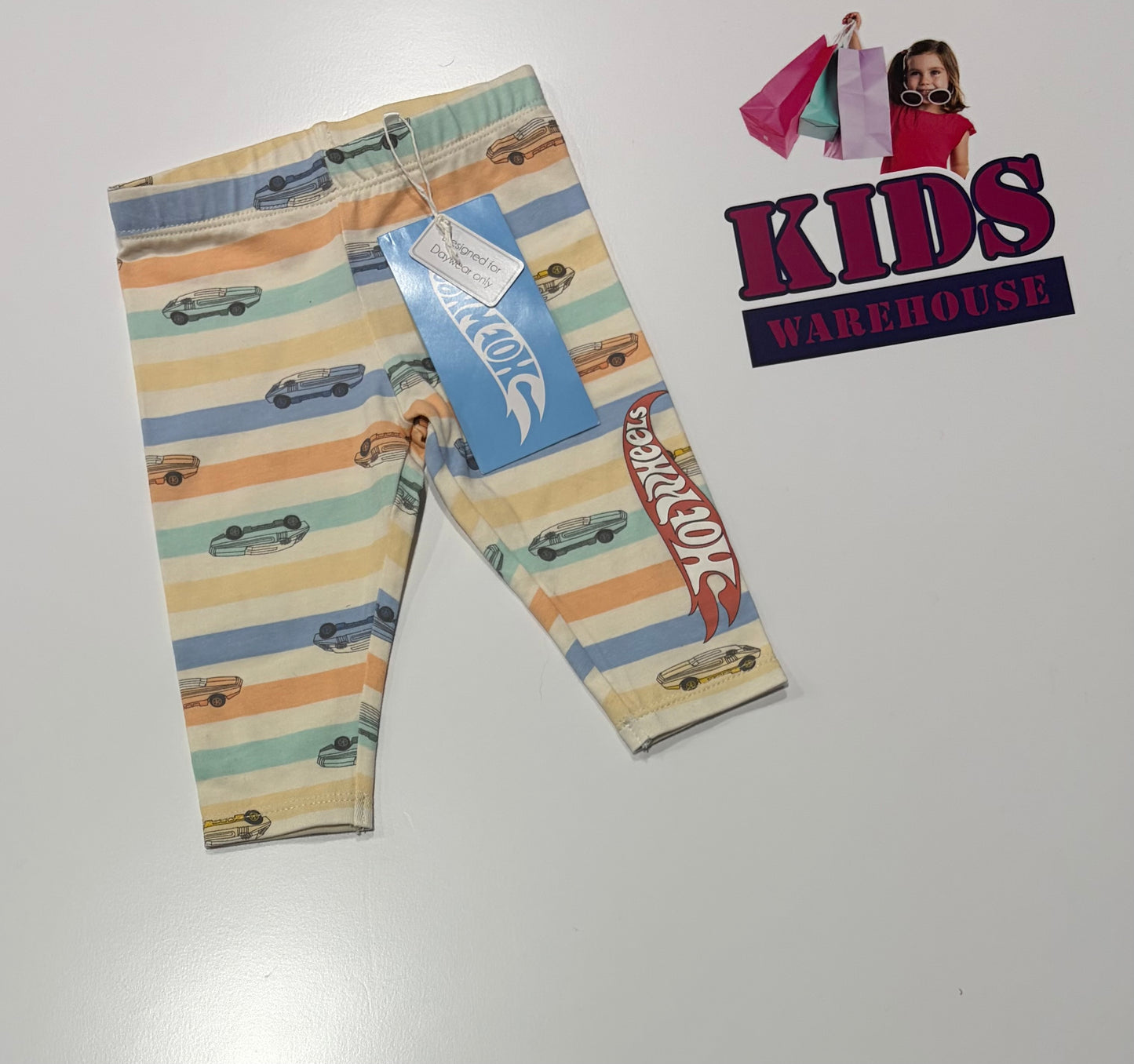 Not Used Hot Wheels White, Orange, Blue, Green Stripe, Car Print Pants Size 000