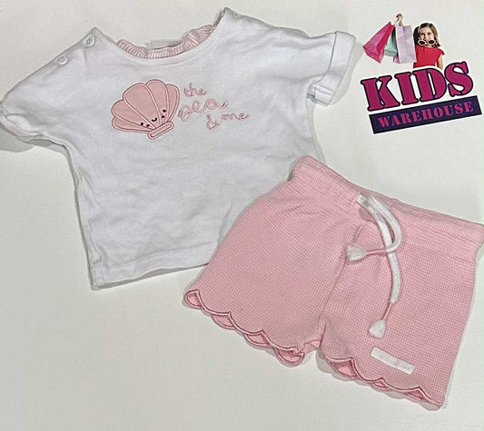 Rock A Bye Baby White & Pink 2 Piece PJ Set With Pink Shell Print Size 000