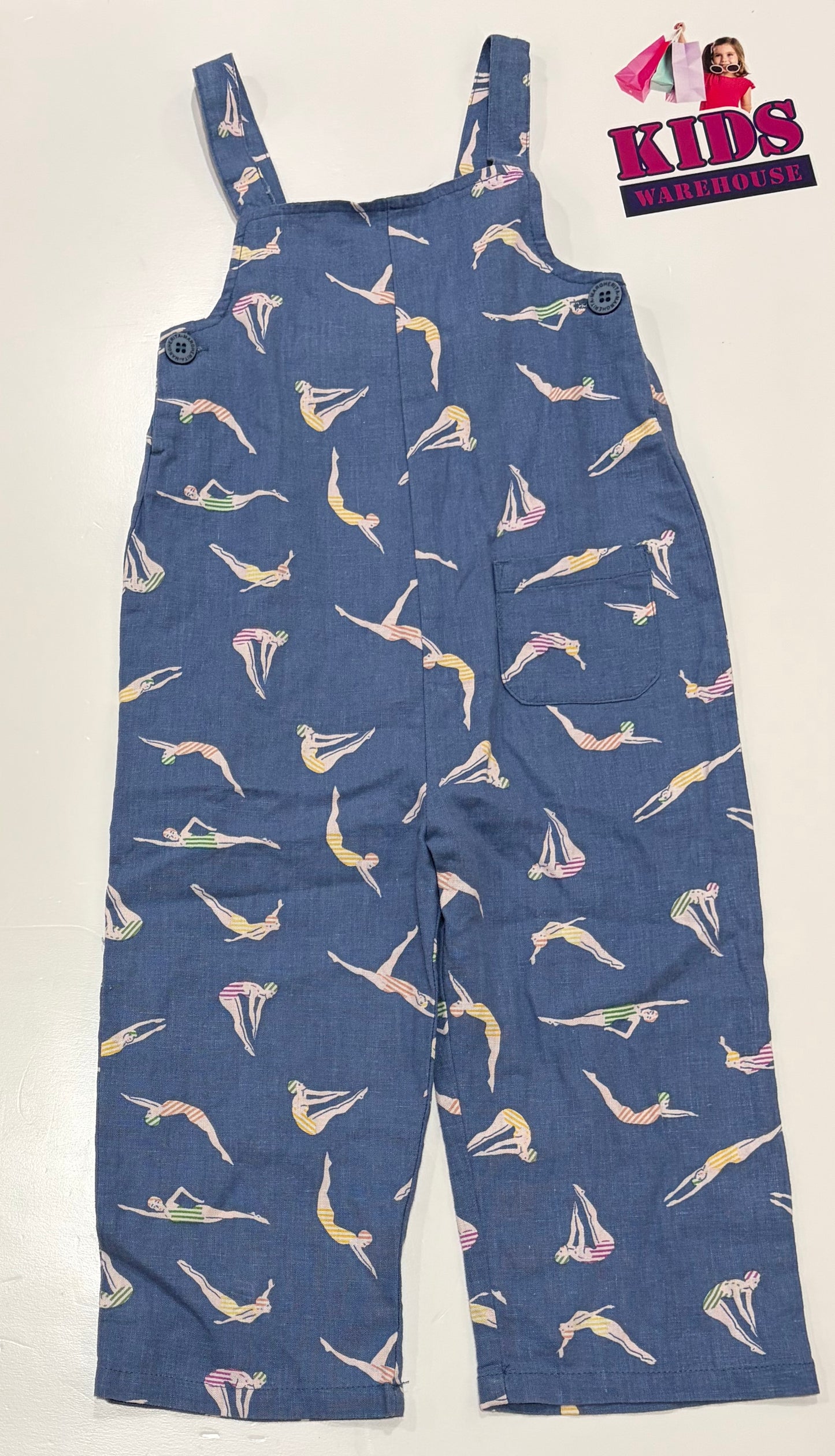 Margherita Blue, Swimmer Print Overalls Size 3