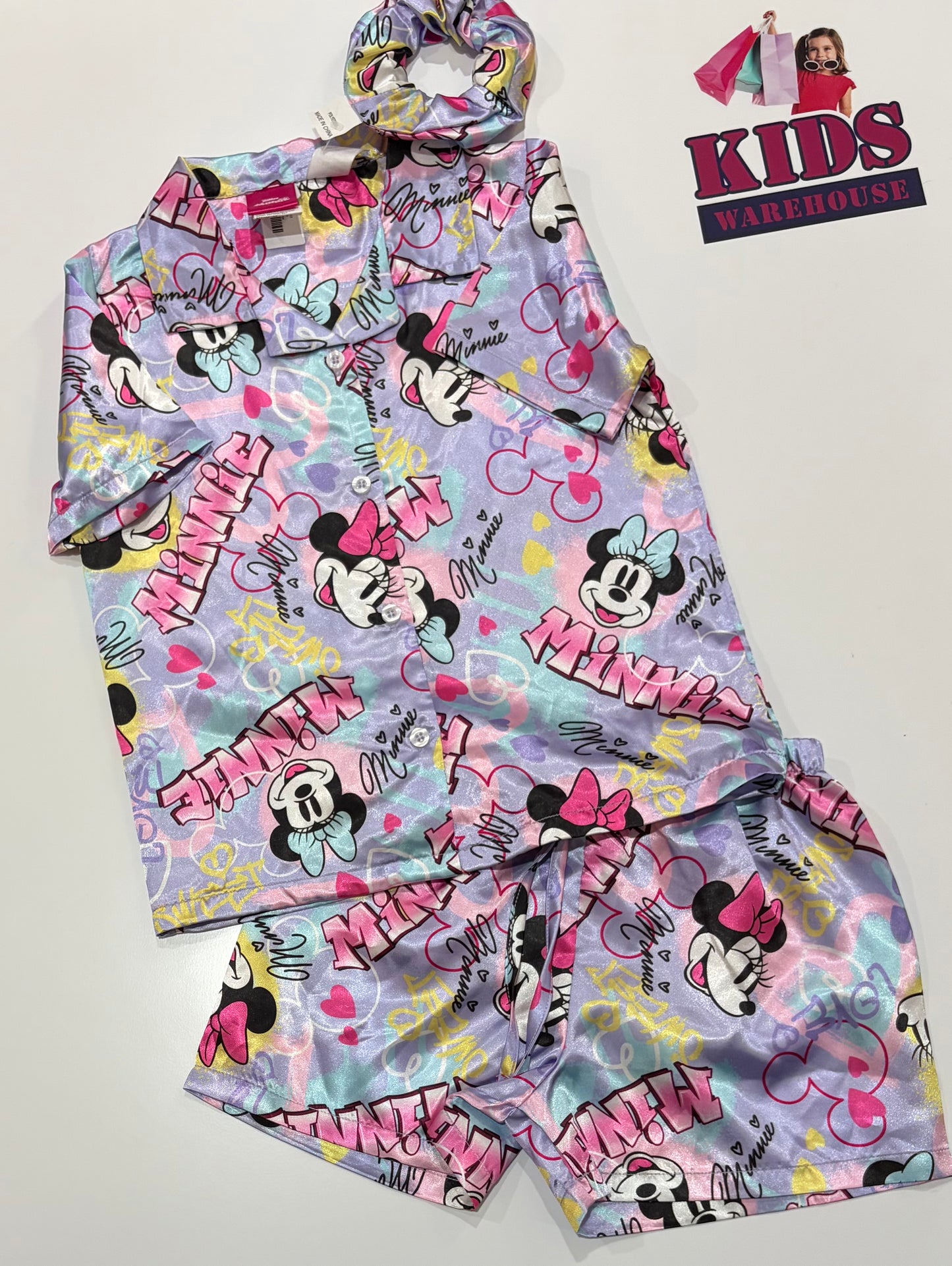 Disney Minnie Purple, Character & Hearts Print Silk 3 Piece Pyjama Set Size 5