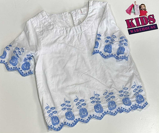 Pumpkin Patch White & Blue Top With Flower Pattern Size 5