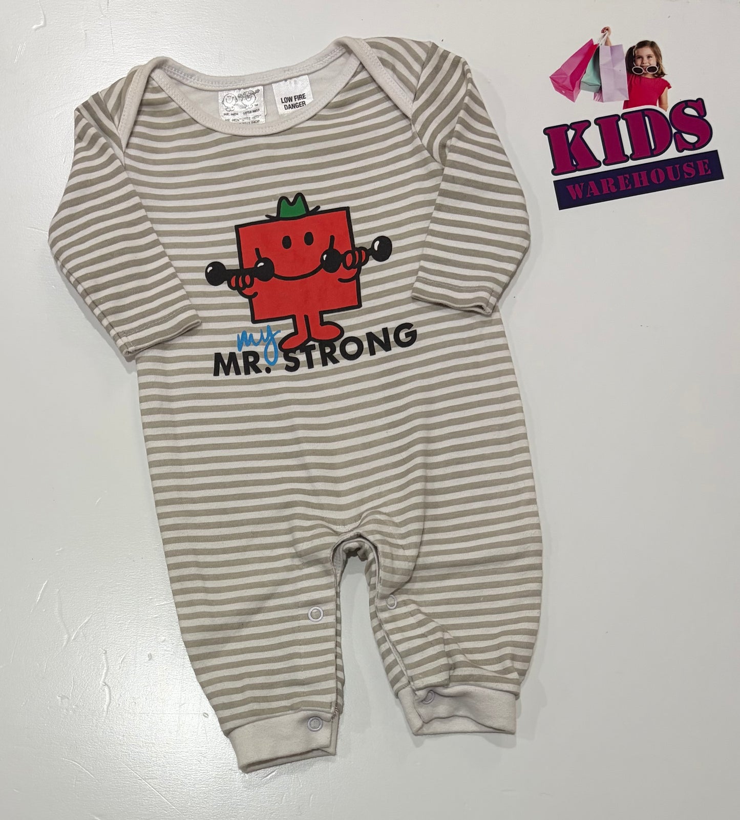 Mr. Man Little Miss Grey, White Striped My Mr Strong Print Jumpsuit Size 000