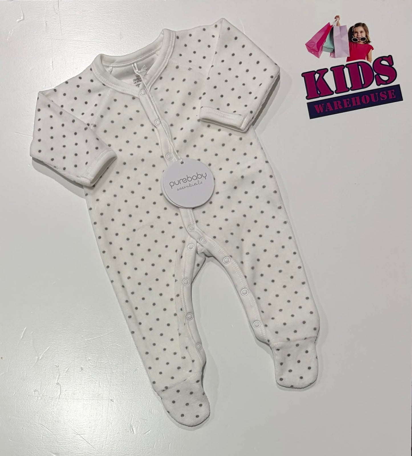 Premmie PureBaby White Jumpsuit With Grey Dot Pattern Size 00000 (RRP $34.95)