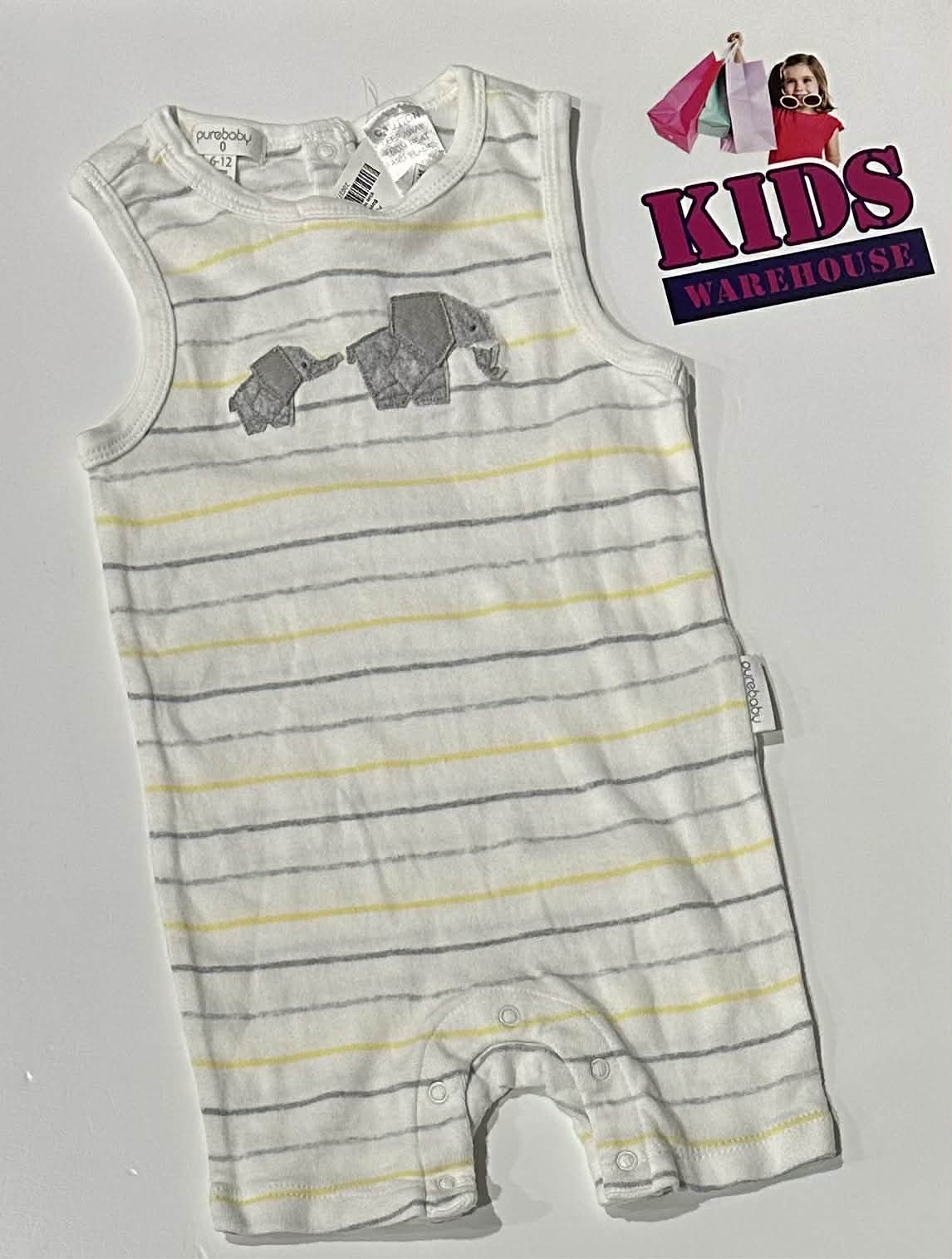 PureBaby White, Yellow & Grey Bodysuit With Elephant Print Size 0