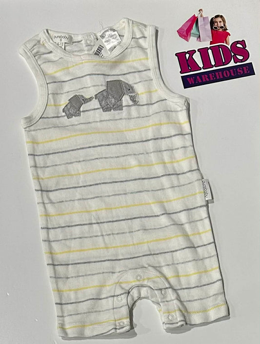 PureBaby White, Yellow & Grey Bodysuit With Elephant Print Size 0