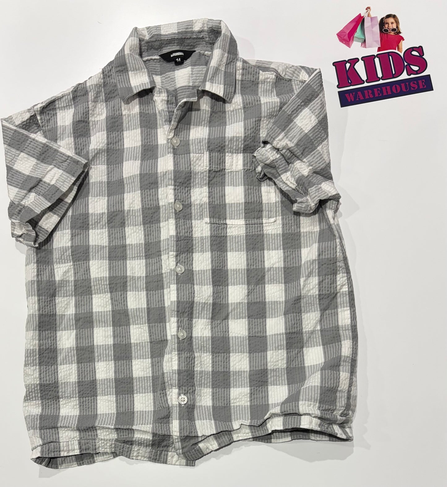 Bauhaus Grey, White Plaid Top Size 14