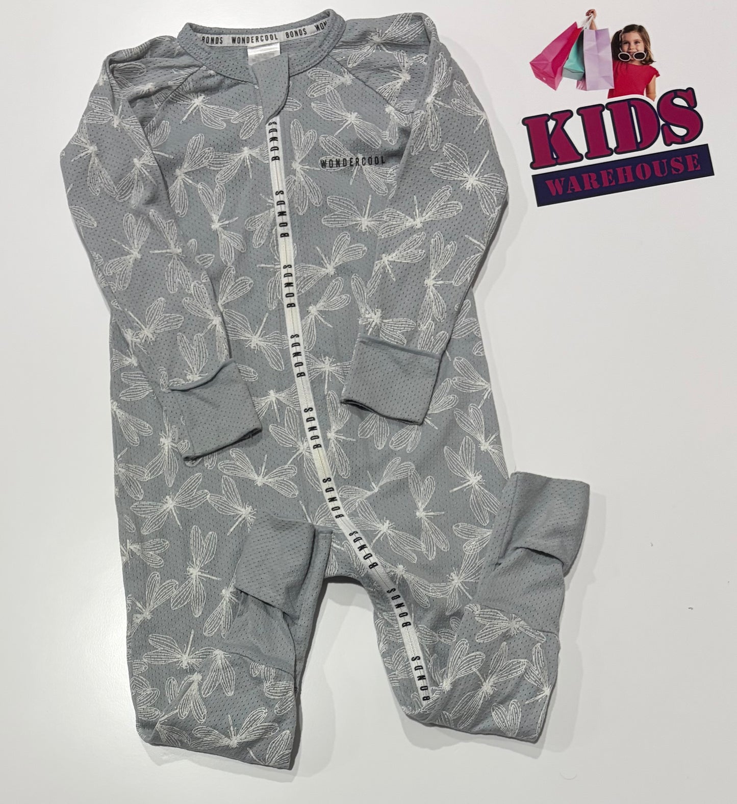 Bonds Wondercool Grey, White Dragonfly Jumpsuit Size 2
