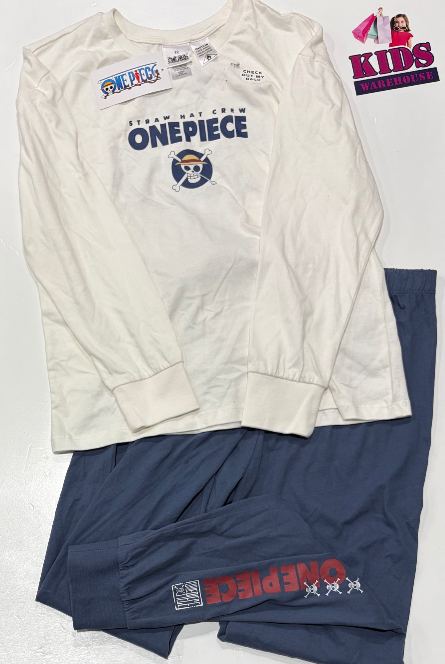 Not Used One White, One Piece Print Shirt & Blue Panta 2 Piece Pyjama Set Size 12