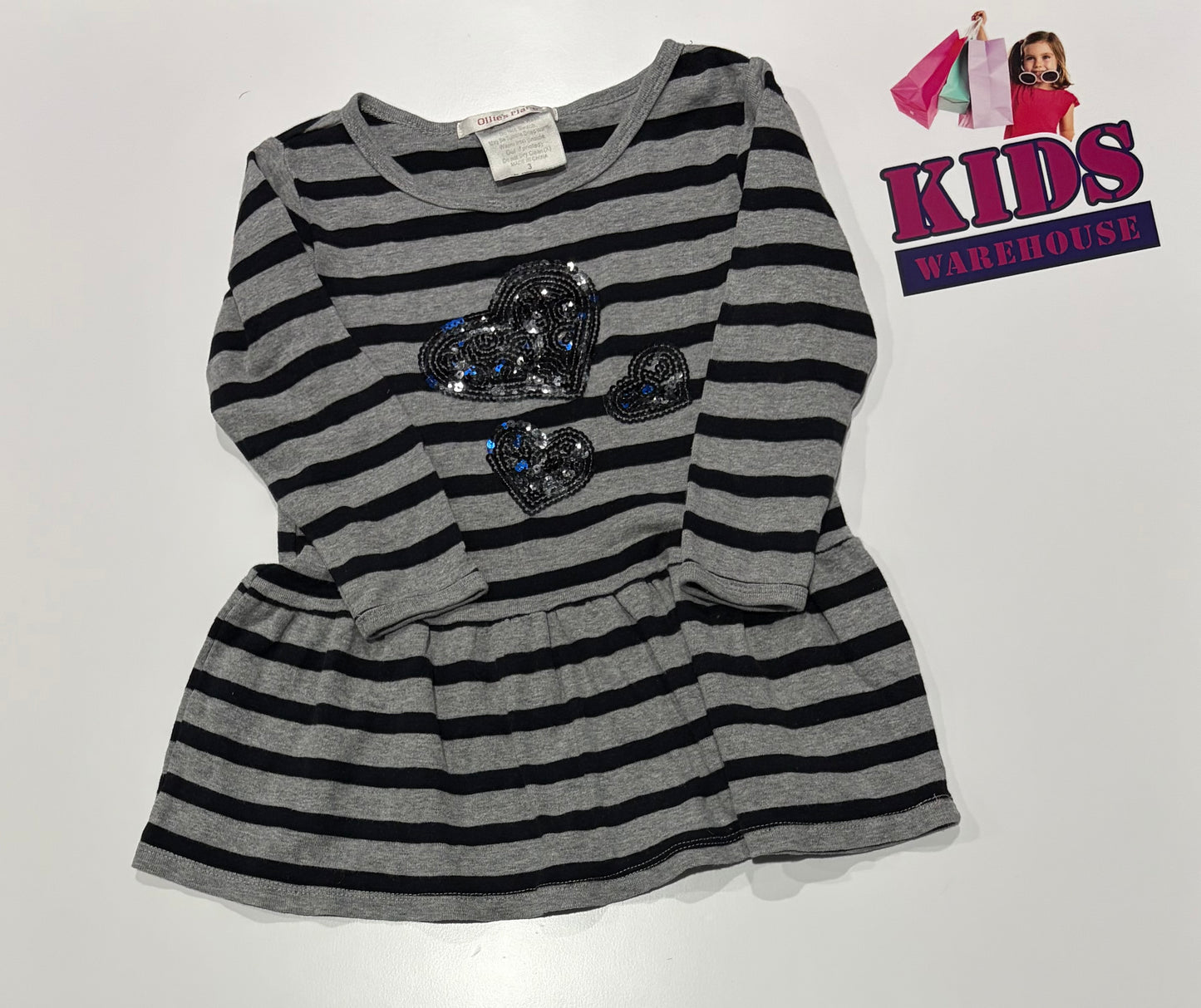 Ollie's Place Grey, Black Stripe, Black Sequin Heart Print Dress Size 3