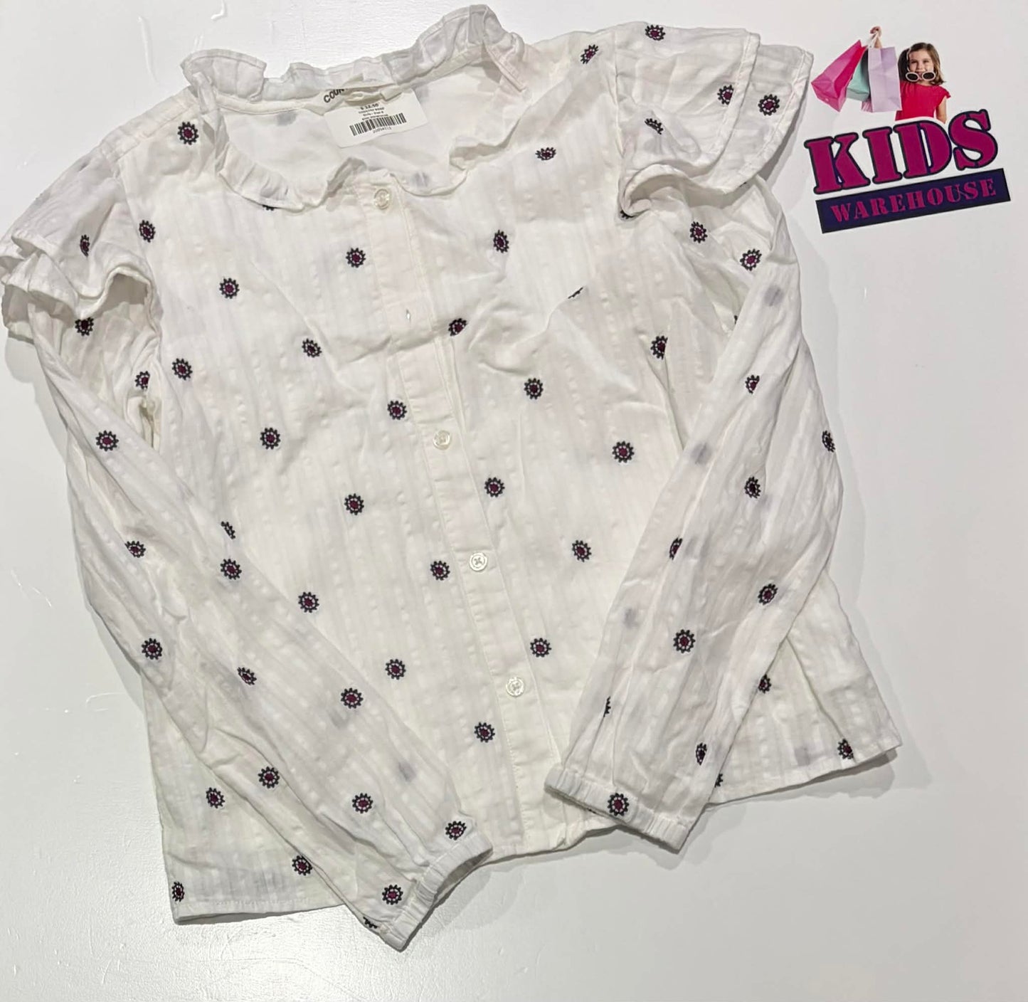 Country Road White Long Sleeve Top With Black & Purple Flower Pattern Size 8