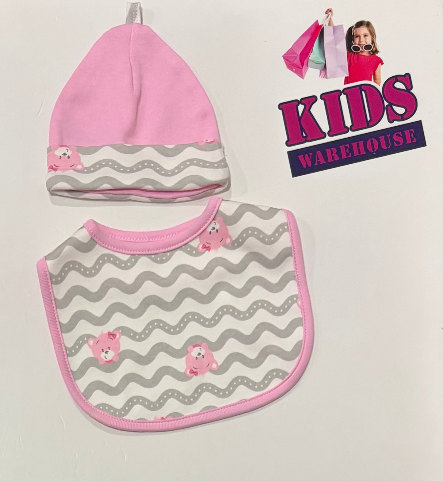 Pink, White, Grey Wavy Print Bib & Beanie Set
