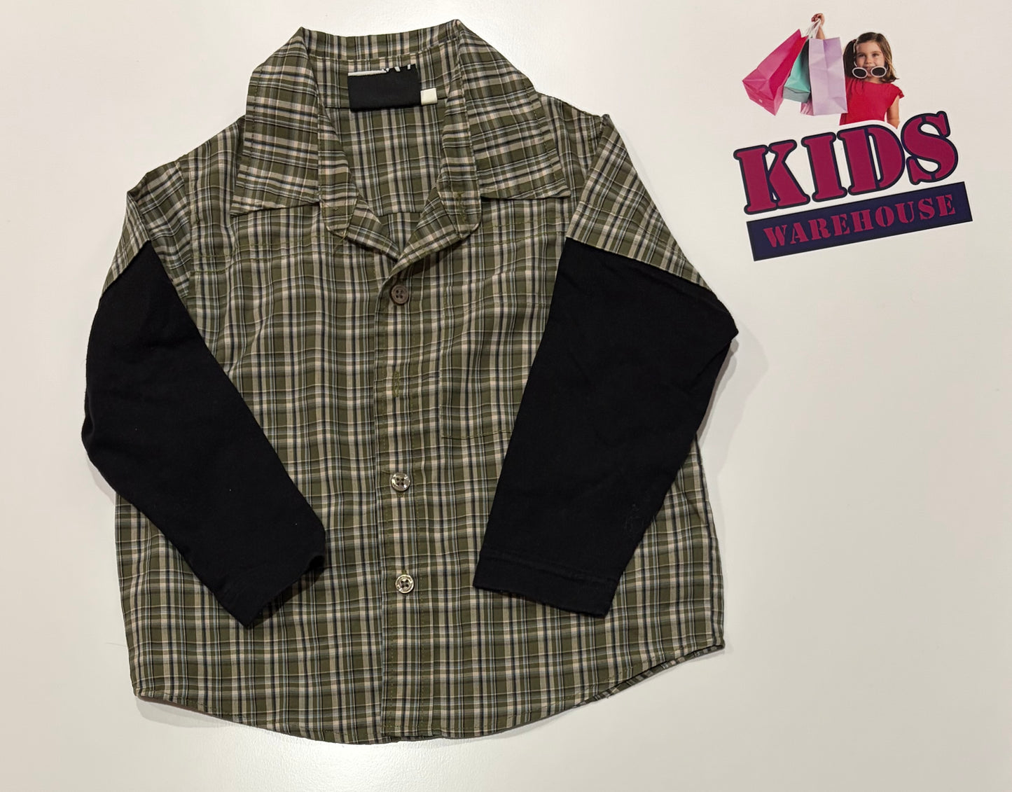 Quick Silver Green, White Check Dual Sleeve Top Size 2