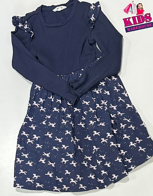 Milkshake Dark Blue Dress With White Unicorn Pattern Size 8