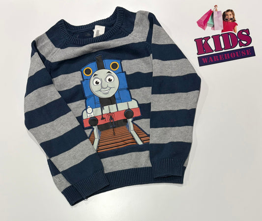 Navy, Grey Stripe, Thomas & Friends Print Sweater Size 5