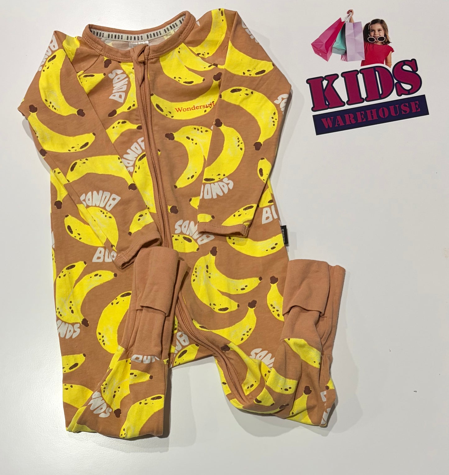Bonds Wondersuit Brown, Banana Print Jumpsuit Size 1