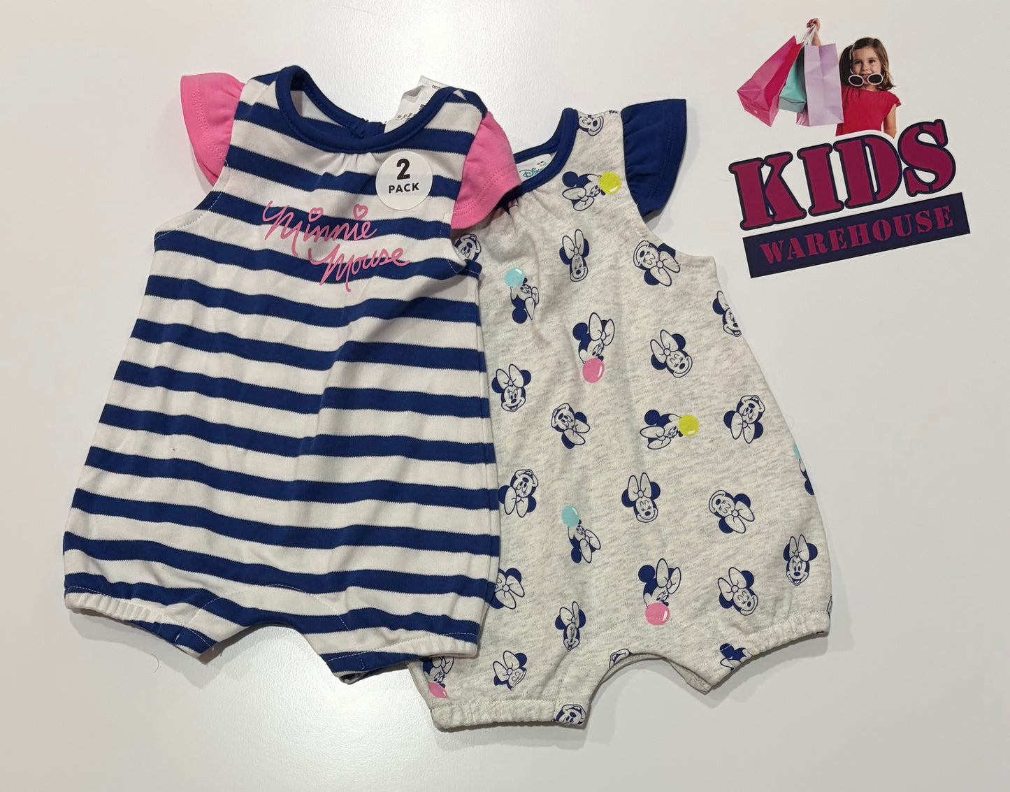 Not Used Disney Grey, Minnie Mouse Print & White, Blue Stripe Print Jumpsuit 2 Piece Set Size 0000