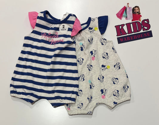 Not Used Disney Grey, Minnie Mouse Print & White, Blue Stripe Print Jumpsuit 2 Piece Set Size 0000