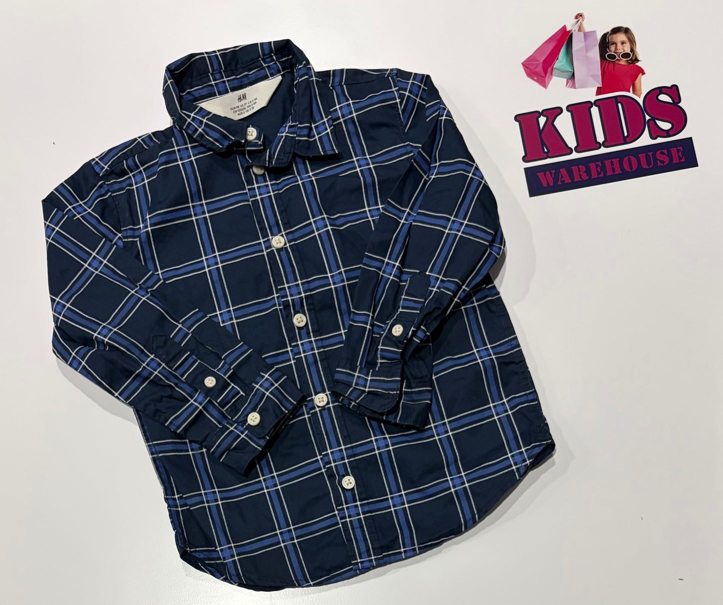 H&M Navy, Blue Check Print Top Size 3