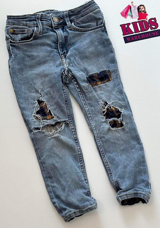 Blue Denim Ripped Jeans with Yellow and Navy Patchwork Size 4