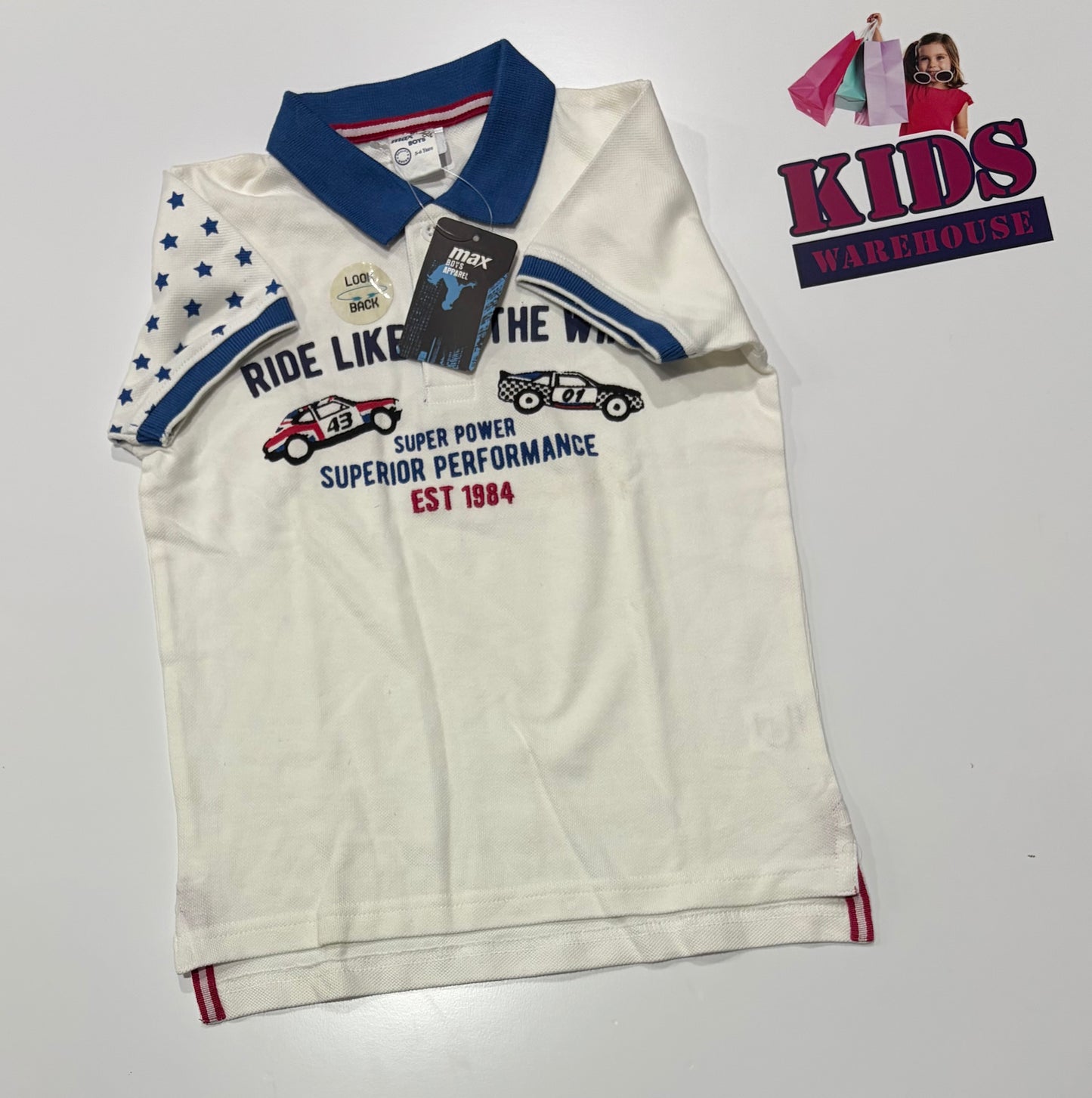 Not Used Max Boys White, Blue, Ride Like The Wind Print Top Size 5
